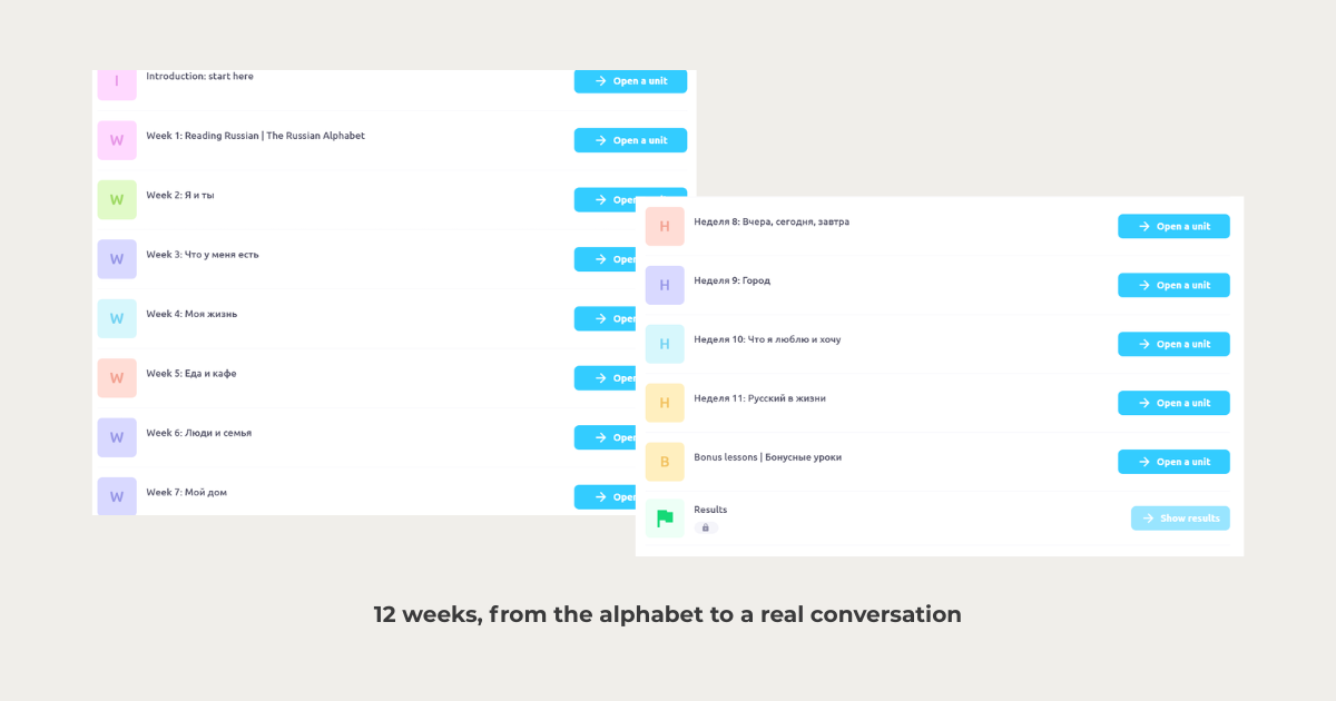 Course schedule — 12 weeks from the alphabet to a real conversation