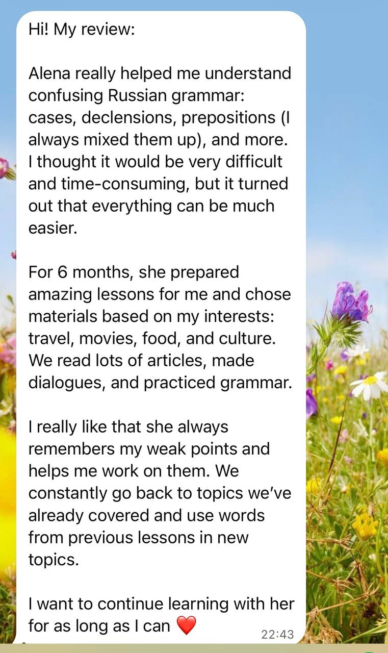 A message from a student about learning Russian grammar over six months